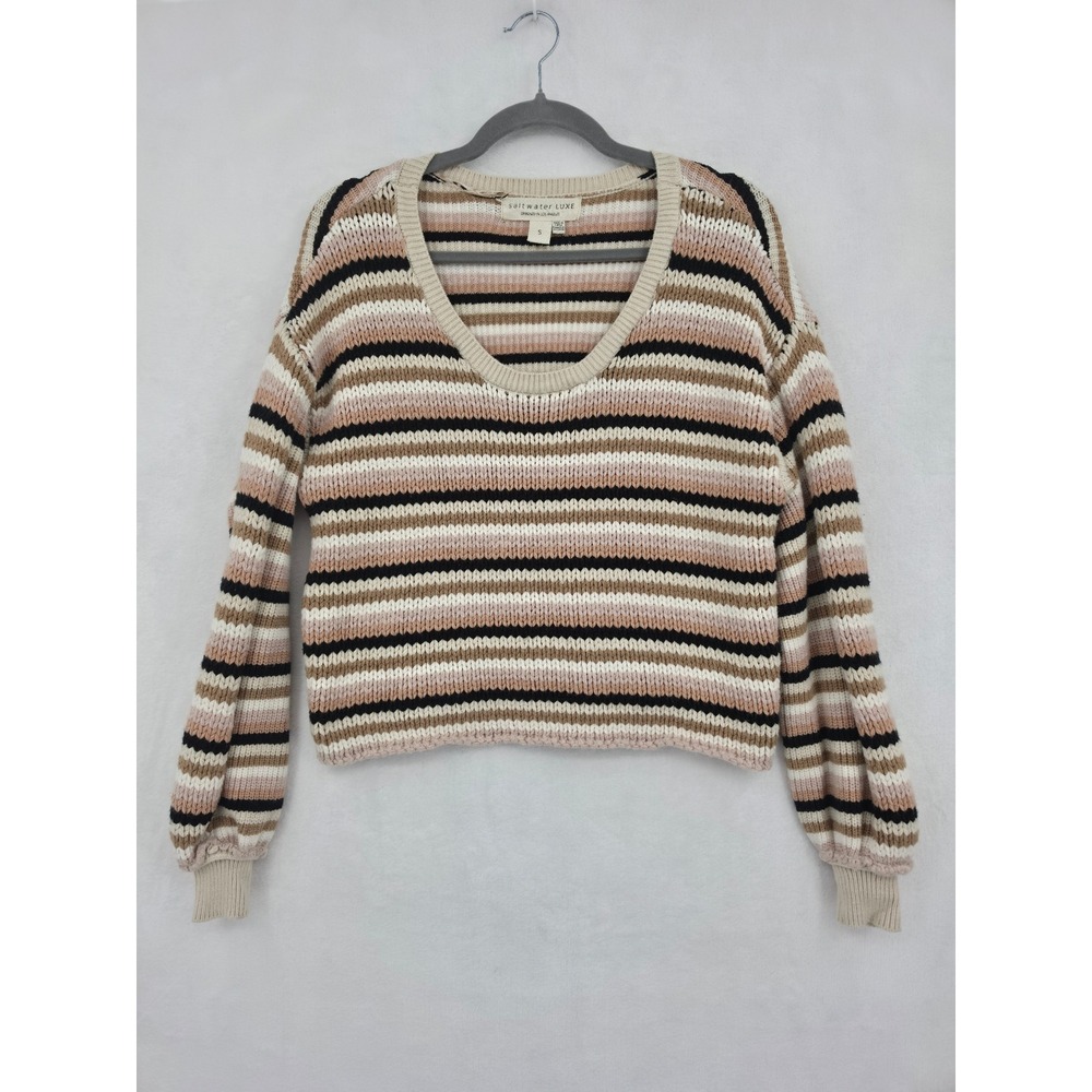 Saltwater Luxe Striped Knit Sweater Multi Color Scoop Neck Wool Small Cozy